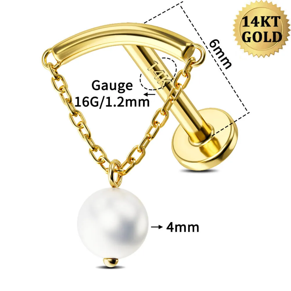 14K Solid Gold Chain Style Pearl Dangle Internally Threaded Helix Earring