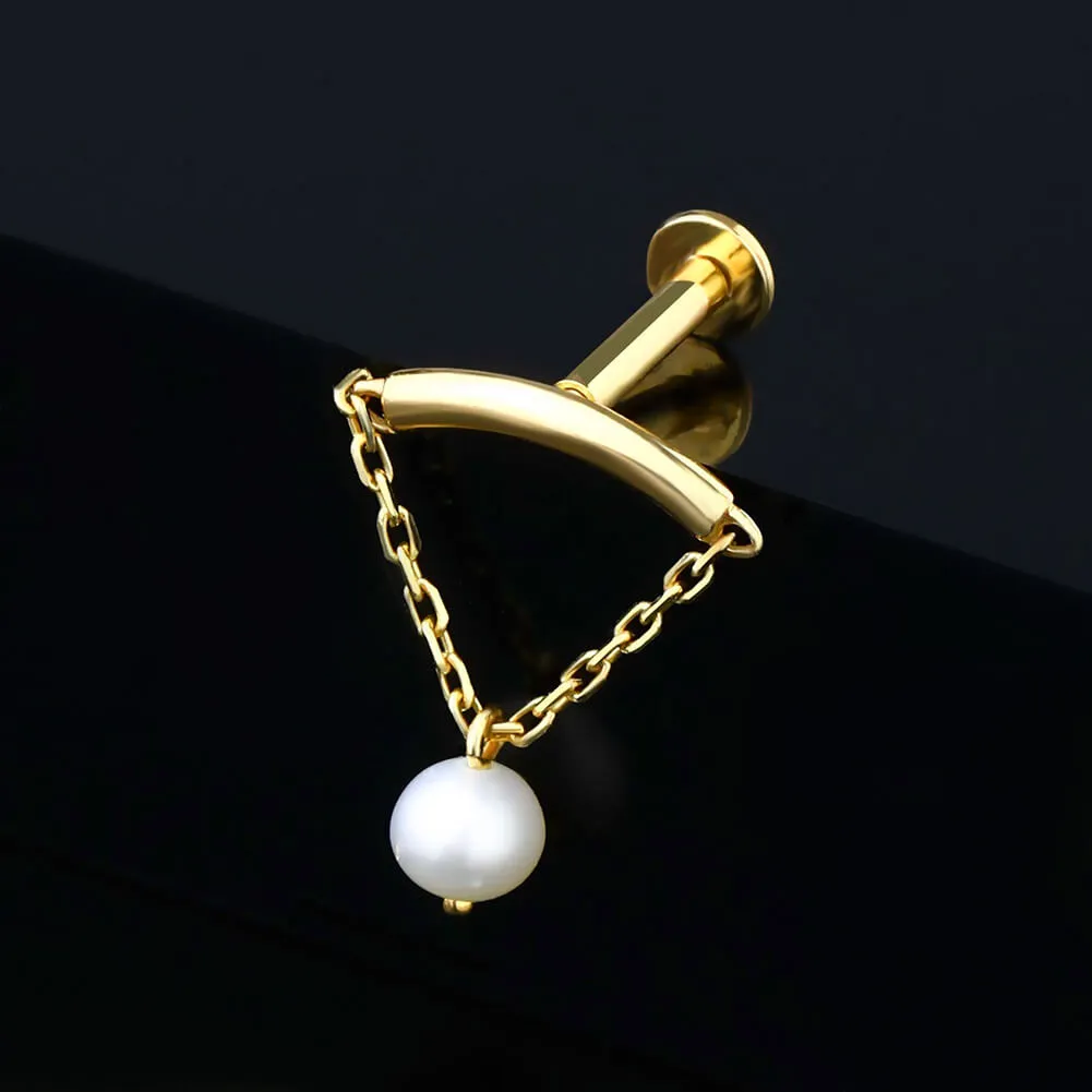 14K Solid Gold Chain Style Pearl Dangle Internally Threaded Helix Earring