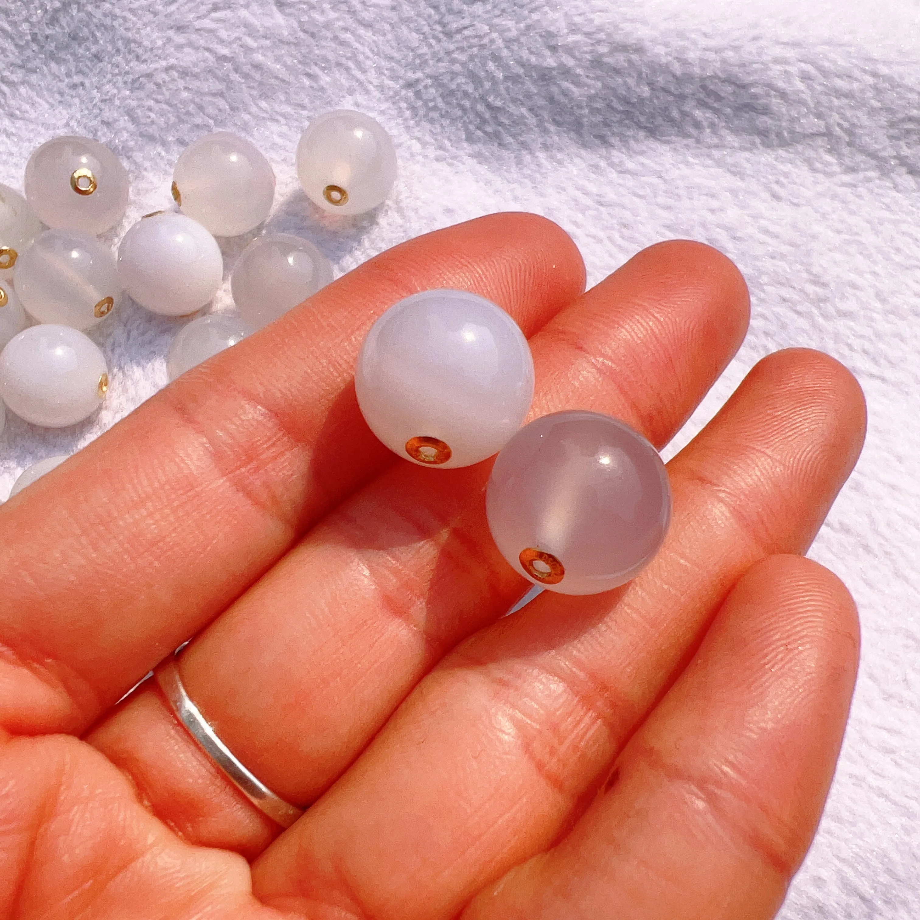 14mm Natural White Chalcedony Round Bead with 18k Yellow Gold Spacers for DIY Jewelry Project