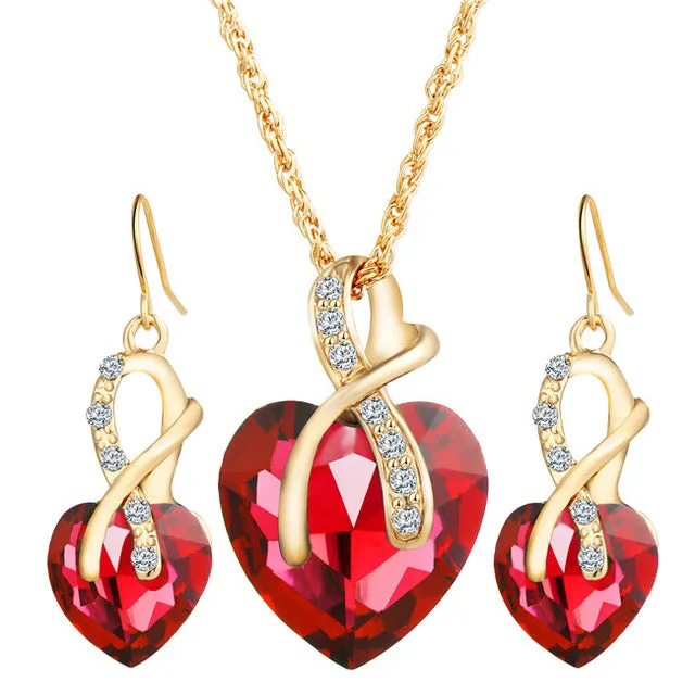 17KM 2017 Gold Color Love Crystal Heart Jewelry Sets For Women Necklace Earrings Jewellery Set New Bridal Wedding Accessories