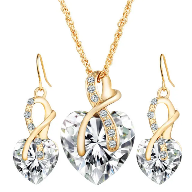 17KM 2017 Gold Color Love Crystal Heart Jewelry Sets For Women Necklace Earrings Jewellery Set New Bridal Wedding Accessories