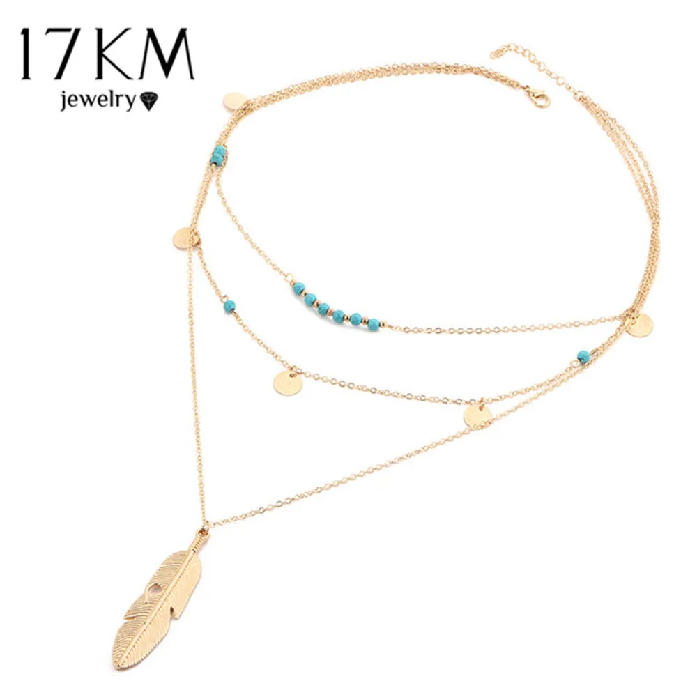 17KM Fashion Multi Layer Leaf Chain Necklaces Jewelry for Women Bohemian Blue Stone Choker Chain Jewellery Gargantilha