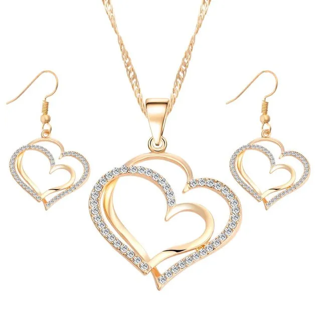 17KM Romantic Heart Pattern Crystal Earrings Necklace Set Silver Color Chain Jewelry Sets Wedding Jewelry Valentine's Gift