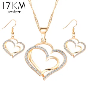 17KM Romantic Heart Pattern Crystal Earrings Necklace Set Silver Color Chain Jewelry Sets Wedding Jewelry Valentine's Gift