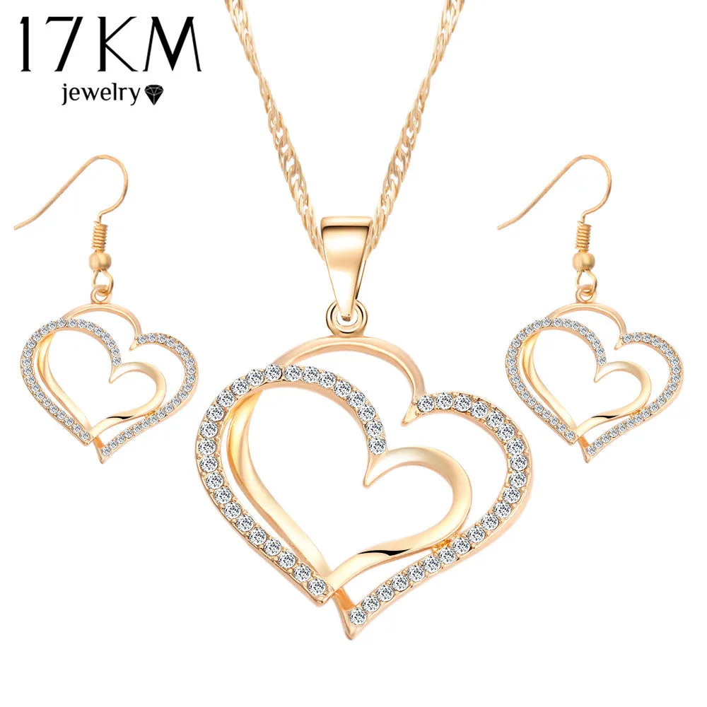 17KM Romantic Heart Pattern Crystal Earrings Necklace Set Silver Color Chain Jewelry Sets Wedding Jewelry Valentine's Gift