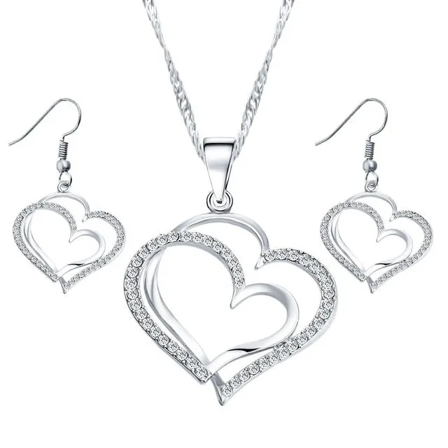 17KM Romantic Heart Pattern Crystal Earrings Necklace Set Silver Color Chain Jewelry Sets Wedding Jewelry Valentine's Gift