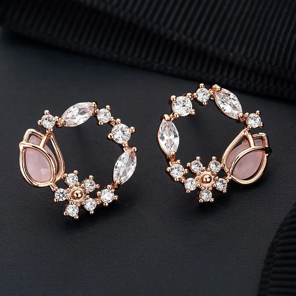 2020 New Arrival Classic Round Pink Green Crystal Stud Earrings Sweet Flower Cirlce Jewelry Fashion Brincos Gift  for women