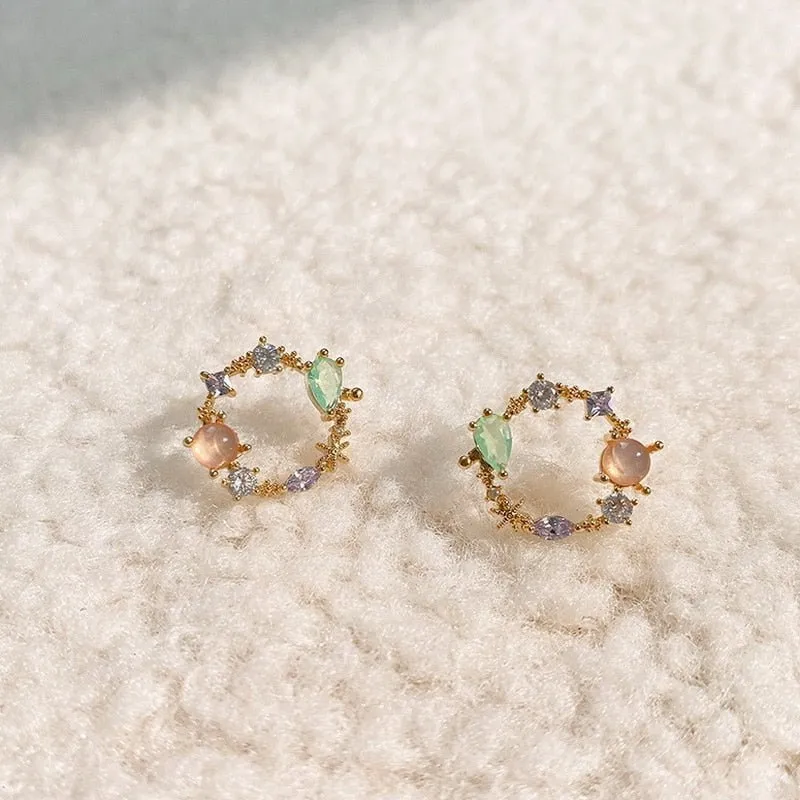 2020 New Arrival Classic Round Pink Green Crystal Stud Earrings Sweet Flower Cirlce Jewelry Fashion Brincos Gift  for women