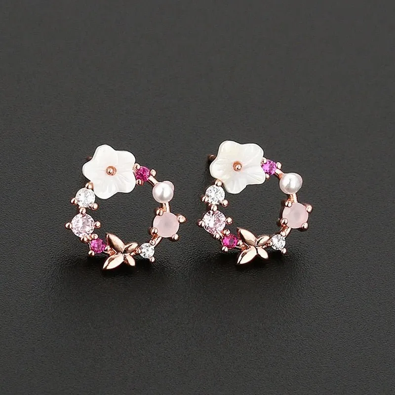 2020 New Arrival Classic Round Pink Green Crystal Stud Earrings Sweet Flower Cirlce Jewelry Fashion Brincos Gift  for women