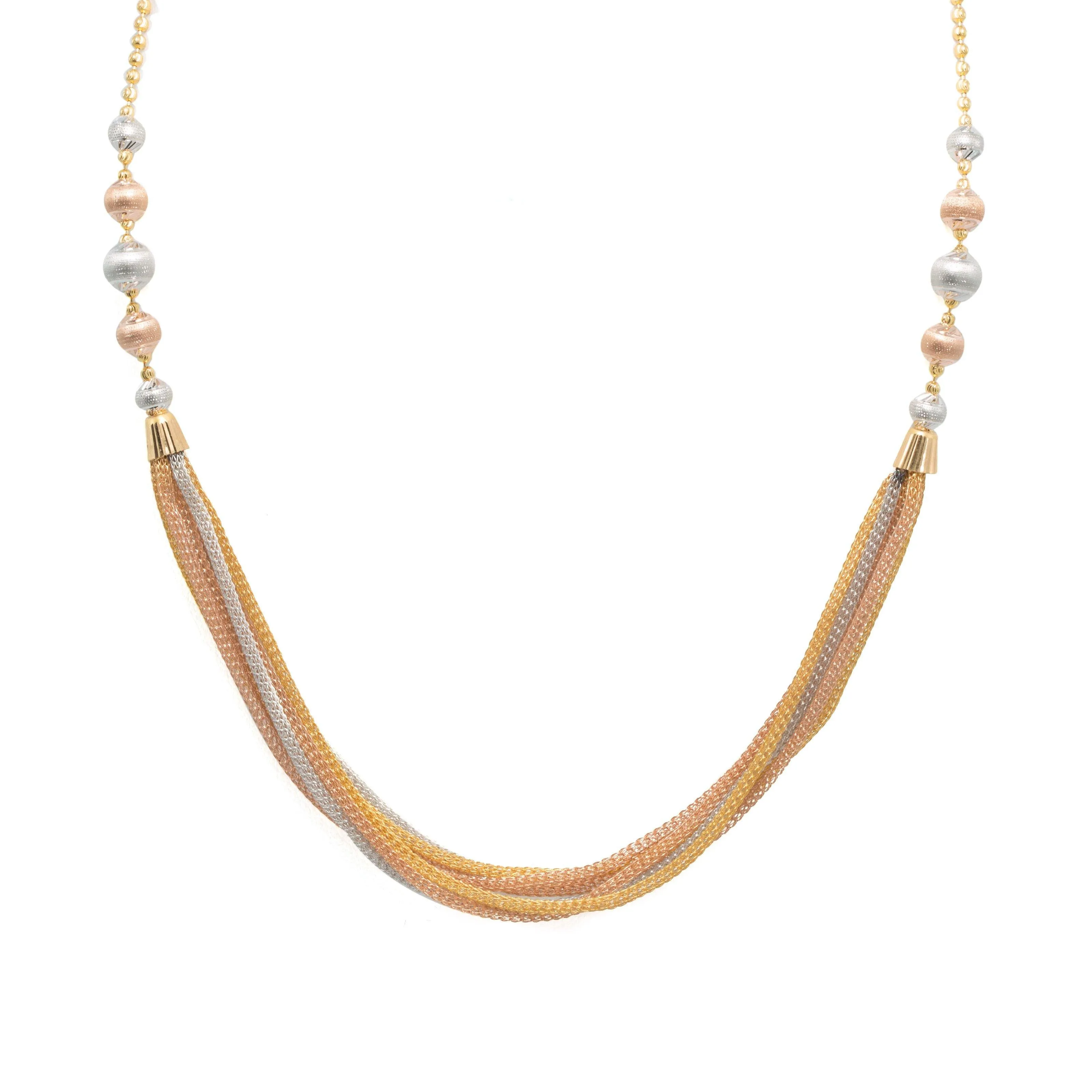 22K Multi Tone Gold Ball Chain W/ Rose & White Gold Balls & Draped Wheat-Link Chains