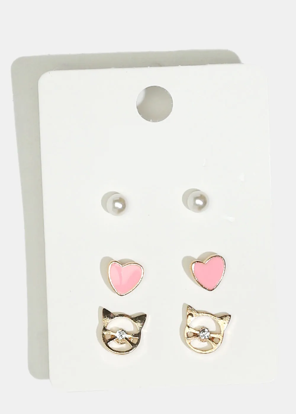 3-Pair Heart & Cat Stud Earrings