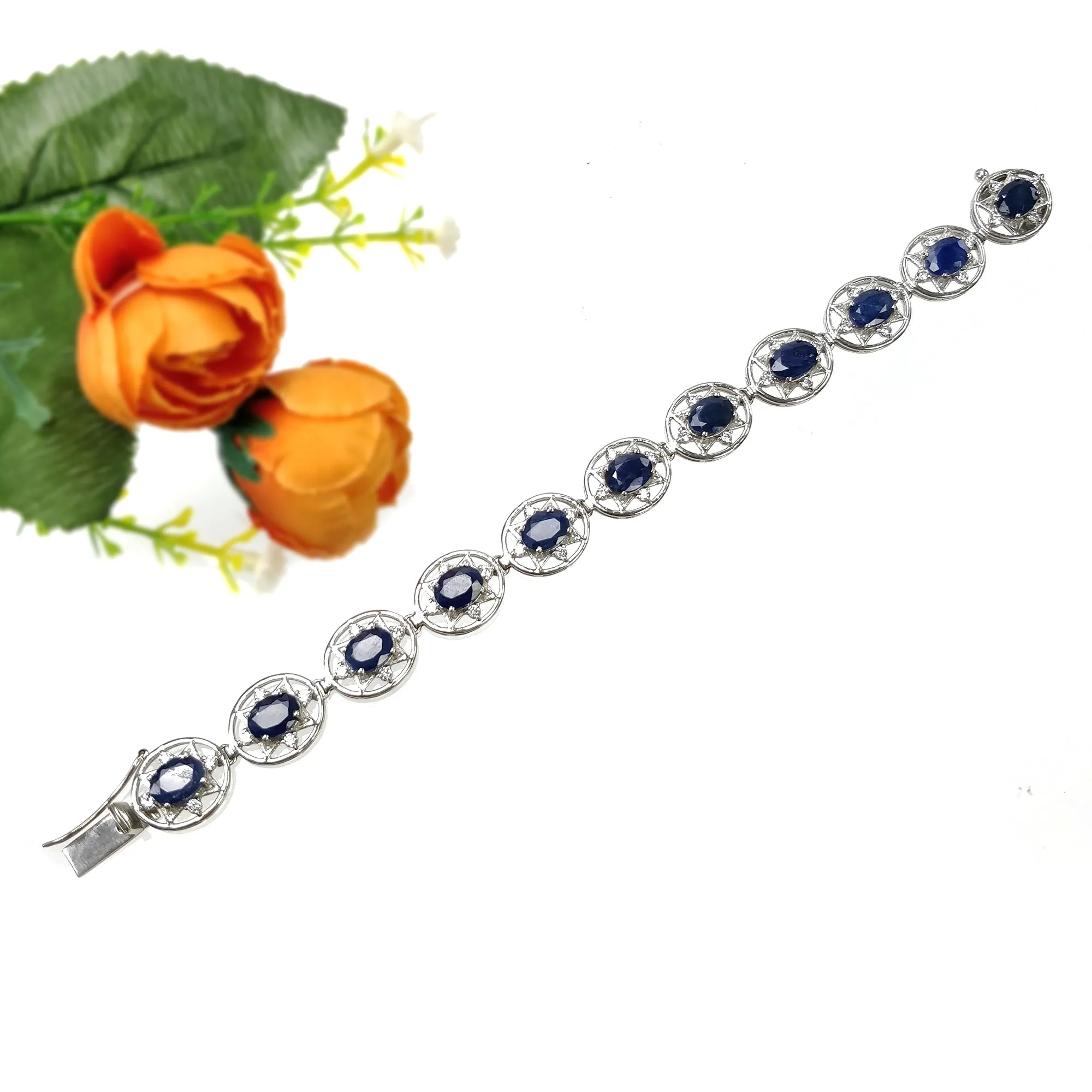 925 Sterling Silver Bracelet : 19.33gms Natural Blue Sapphire Gemstone With CZ Oval Normal Cut Prong Set Tennis Bracelet 7.5"