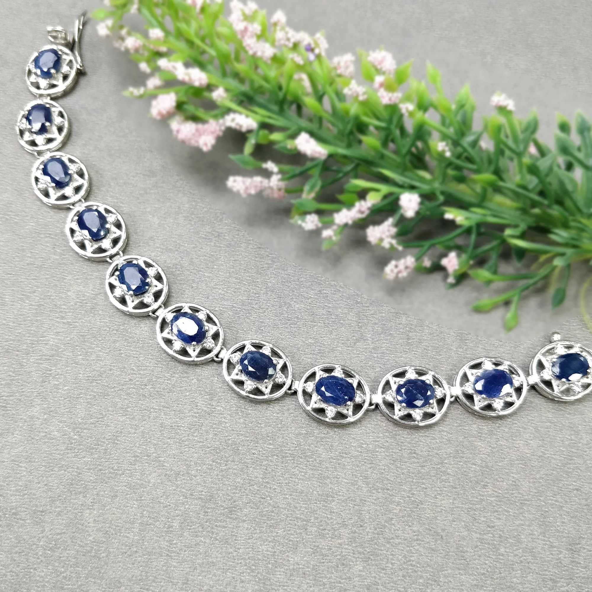 925 Sterling Silver Bracelet : 19.33gms Natural Blue Sapphire Gemstone With CZ Oval Normal Cut Prong Set Tennis Bracelet 7.5"