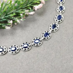 925 Sterling Silver Bracelet : 19.33gms Natural Blue Sapphire Gemstone With CZ Oval Normal Cut Prong Set Tennis Bracelet 7.5"