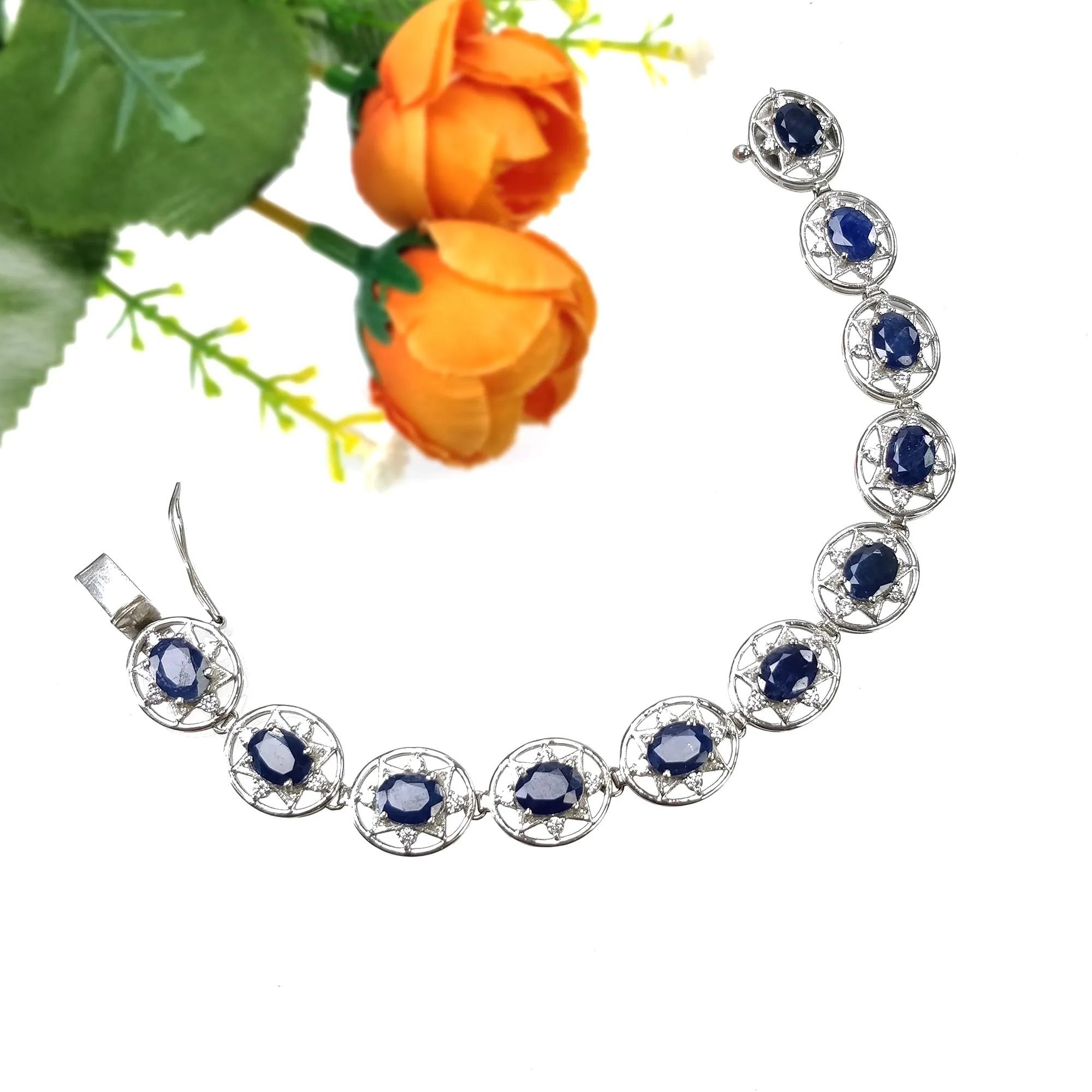 925 Sterling Silver Bracelet : 19.33gms Natural Blue Sapphire Gemstone With CZ Oval Normal Cut Prong Set Tennis Bracelet 7.5"