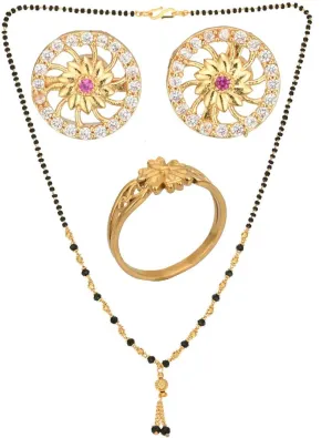 AanyaCentric Gold-plated Jewelry Combo: Elegant Short Mangalsutra, Finger Ring, and American Diamond Earrings Set