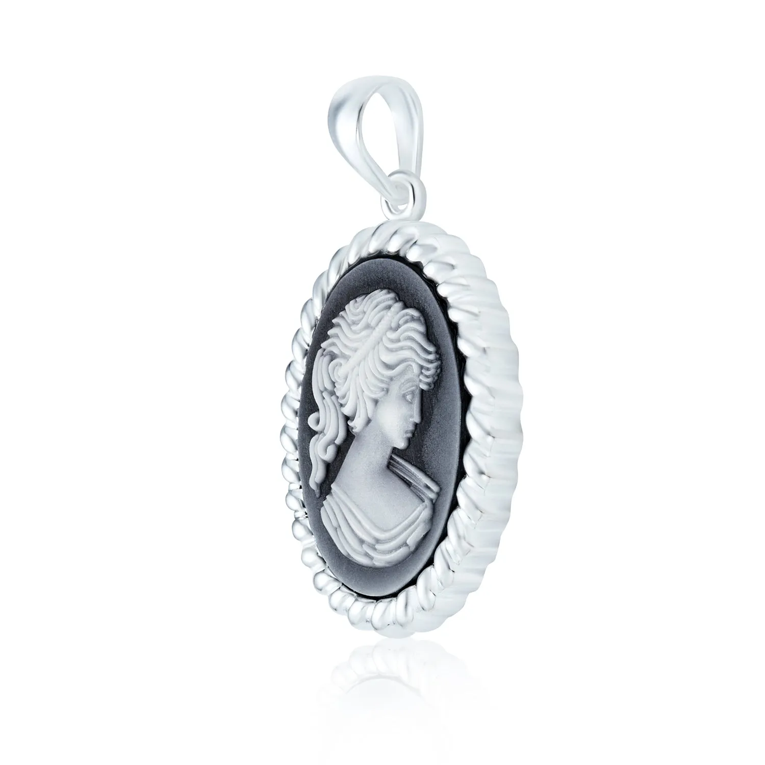 Antique Style Victorian Lady Portrait Cameo Pendant Necklace Sterling Silver