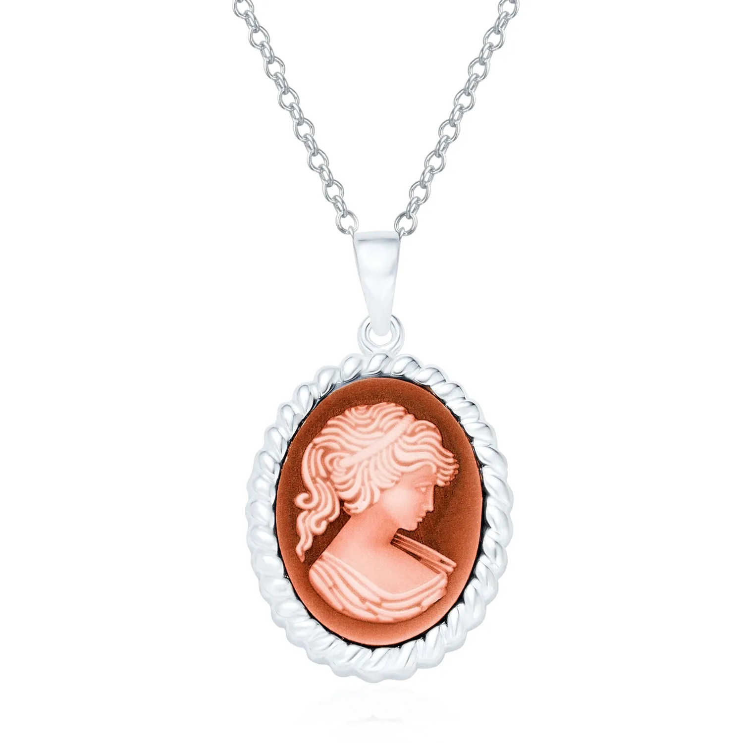 Antique Style Victorian Lady Portrait Cameo Pendant Necklace Sterling Silver