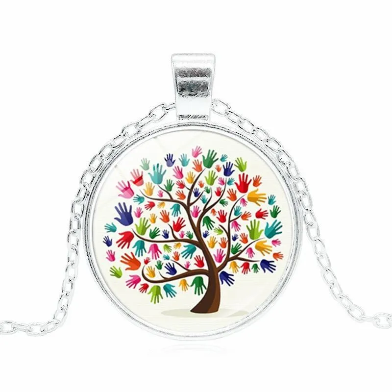 Autism Awareness Tree of Life Photo Glass Cabochon Pendant Necklace Tibet Silver Chain Necklace Men Women Love Gift