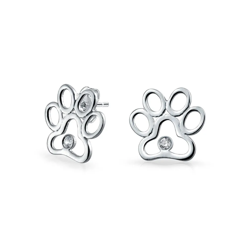 BFF Lover Pet Dog Cat Paw Print Dangle Stud Earrings Puppy .925 Silver