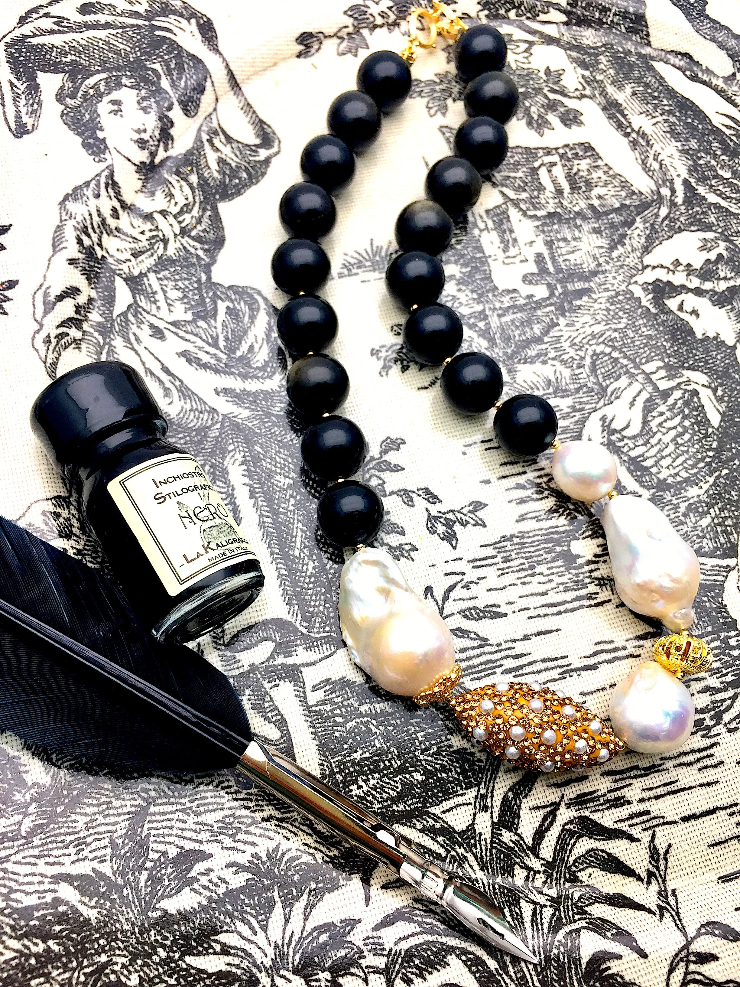 Black Obsidian With Baroque Pearl Gorgeous Necklace CN047