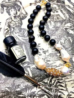 Black Obsidian With Baroque Pearl Gorgeous Necklace CN047