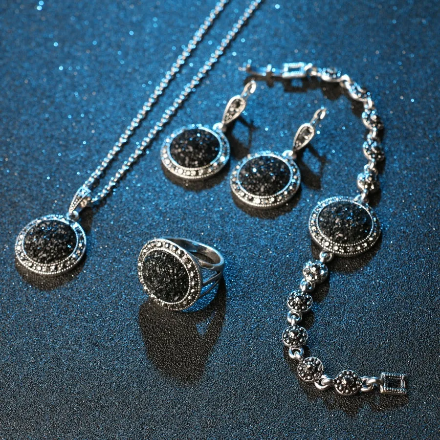 Bohemia Jewelry 4pcs/Lot Black Broken Stone Jewelry Set for a Friend with Zircon in Silver Color