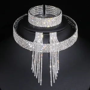 Classic Elegant Tassel Crystal Bridal Jewelry Sets African Rhinestone Wedding Necklace Earrings Bracelet Sets WX081