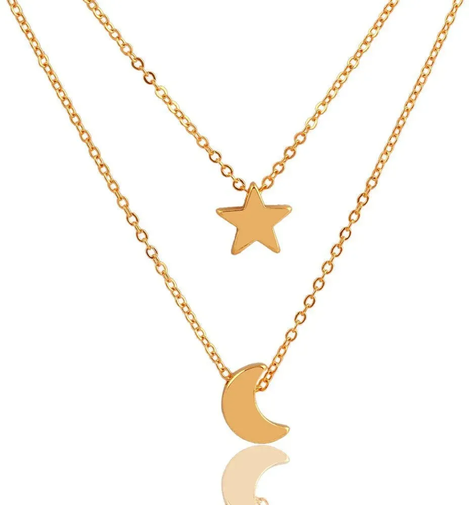 Classic Look Dual Layer Chain With Moon And Star Design Gold Plated