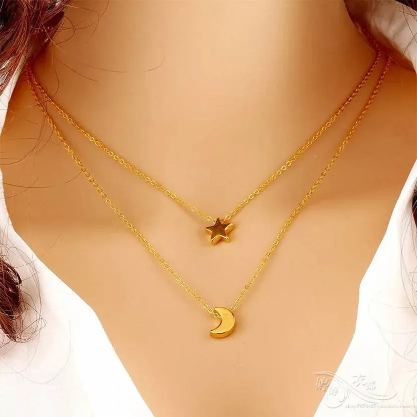 Classic Look Dual Layer Chain With Moon And Star Design Gold Plated