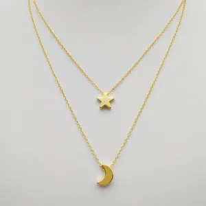 Classic Look Dual Layer Chain With Moon And Star Design Gold Plated