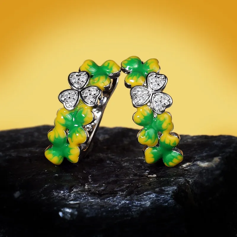 Clover Flower Enamel Hoop Earrings for Women with Zircon in 925 Sterling Silver