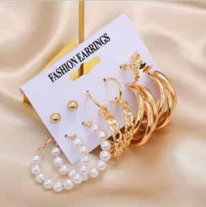 Combo Of 6 Golden Plain Chain And Pearl Big Hoop Earrings Alloy Hoop Earring Brass Hoop Earring - Pair Of 6