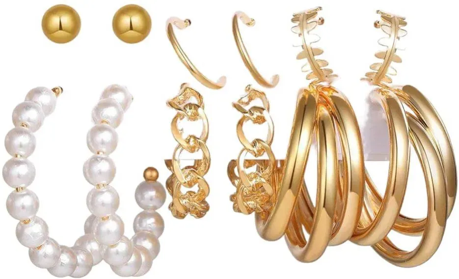 Combo Of 6 Golden Plain Chain And Pearl Big Hoop Earrings Alloy Hoop Earring Brass Hoop Earring - Pair Of 6