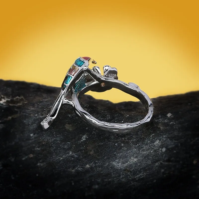 Creative Hummingbird and Flower Enamel Ring for Women with Zircon in Silver Color