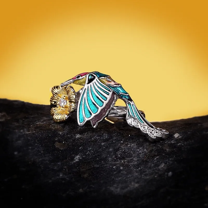 Creative Hummingbird and Flower Enamel Ring for Women with Zircon in Silver Color