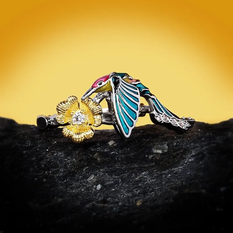 Creative Hummingbird and Flower Enamel Ring for Women with Zircon in Silver Color