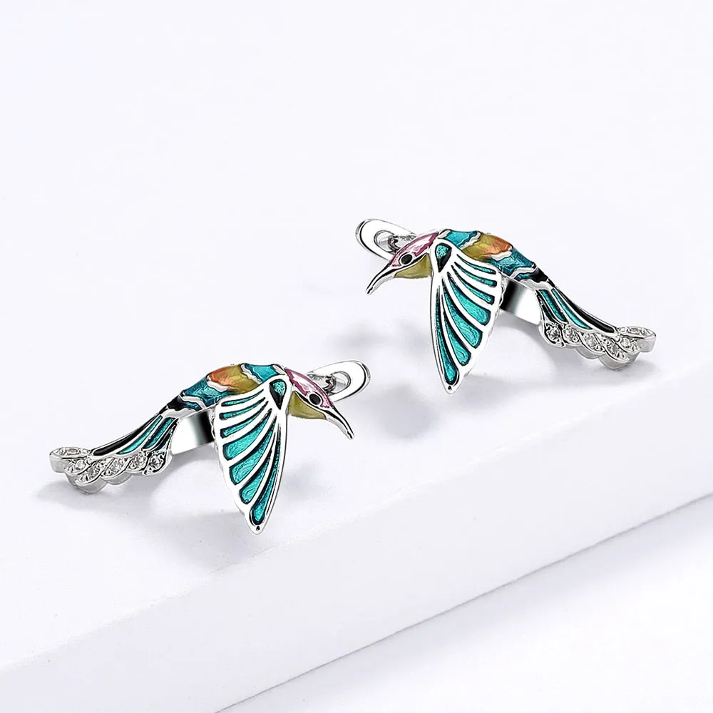 Creative Hummingbird Enamel Drop Earrings for Women with Zircon in Silver Color