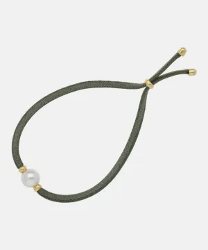 Elastic Olive Green Bracelet for Women with Organic Pearl, 8mm Round White Pearl, Adjustable 7.8 Length, Sifnos Collection