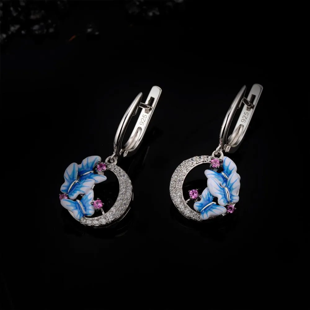 Exquisite Blue Butterfly Enamel Drop Earrings for Women with Zircon in 925 Sterling Silver