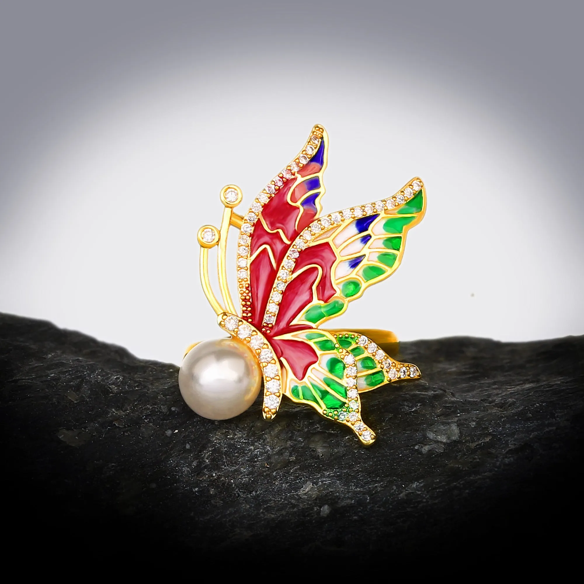 Exquisite Butterfly Enamel Ring for Women with Pearl in 925 Sterling Silver