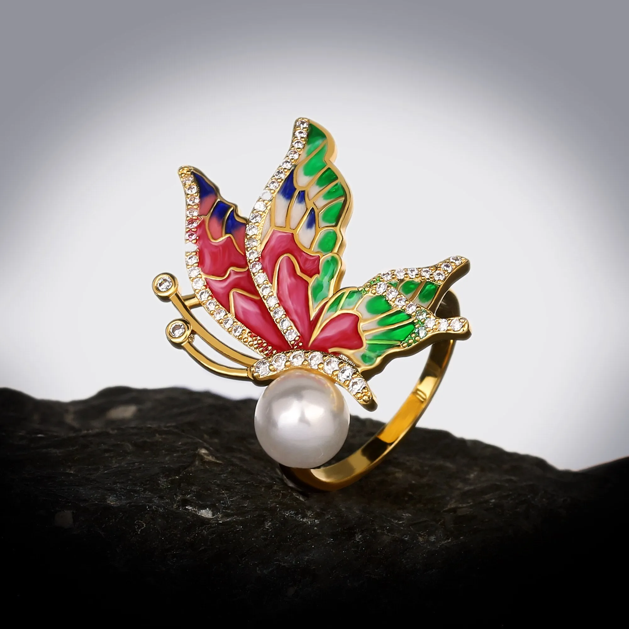 Exquisite Butterfly Enamel Ring for Women with Pearl in 925 Sterling Silver