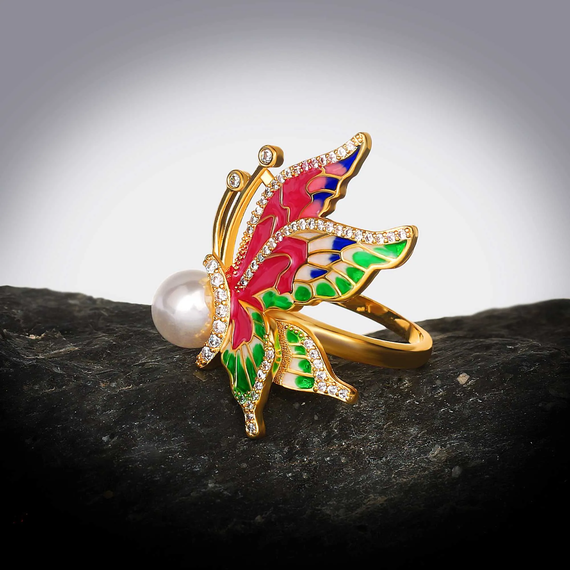 Exquisite Butterfly Enamel Ring for Women with Pearl in 925 Sterling Silver