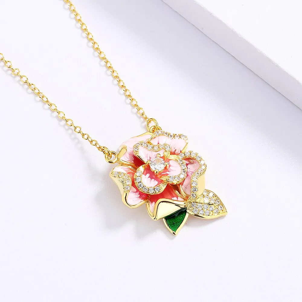 Fashion Jewelry Big Pink Flower Enamel Pendant Necklaces with Zircon in Gold Silver