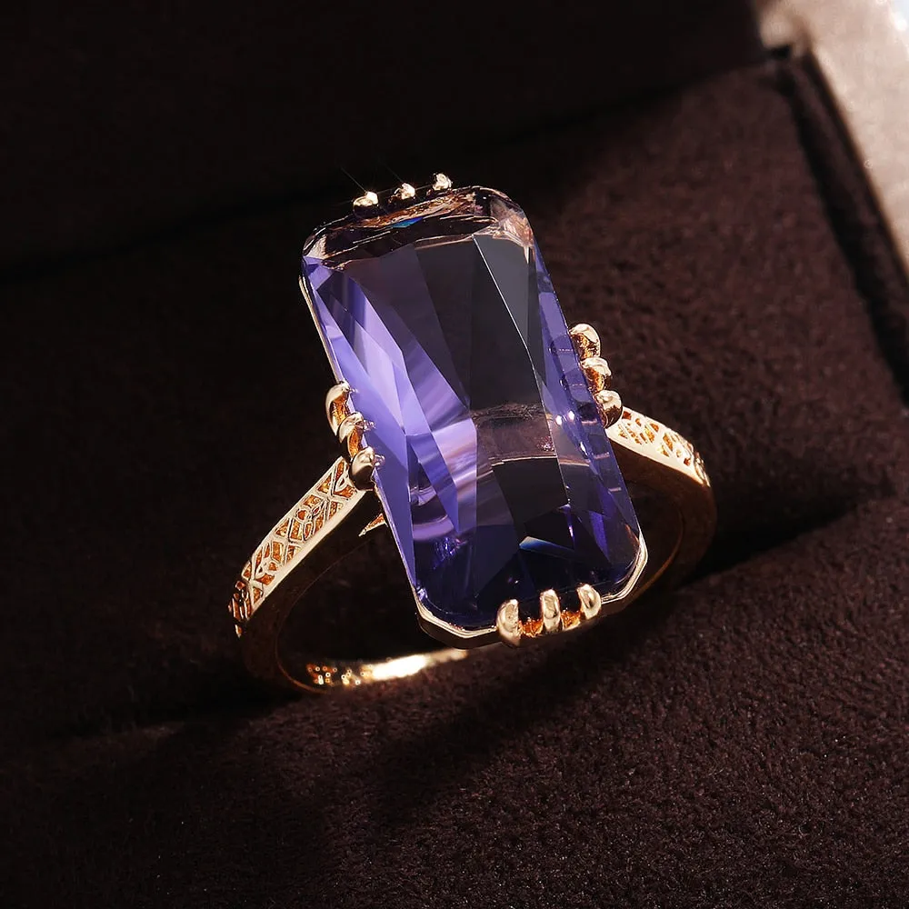 Fashion Jewelry Big Radiant Cut Purple Zircon Cocktail Rings for Women in Gold Color