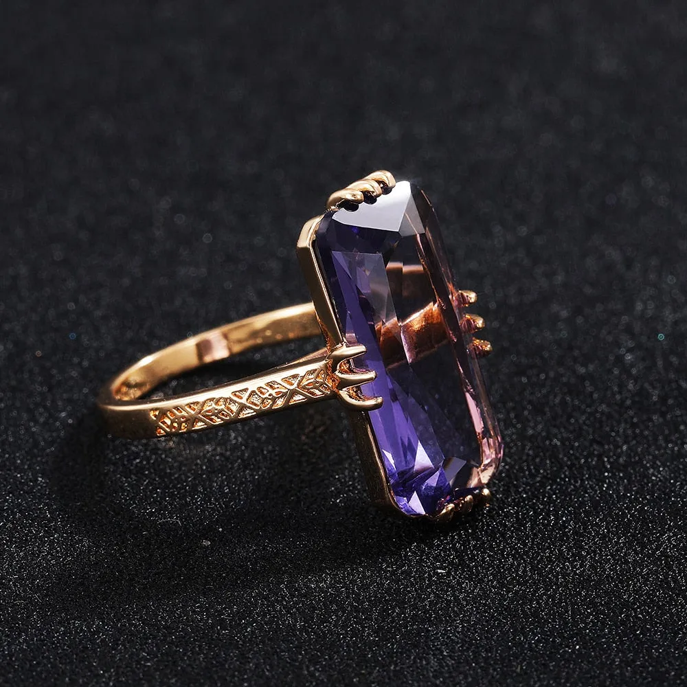 Fashion Jewelry Big Radiant Cut Purple Zircon Cocktail Rings for Women in Gold Color