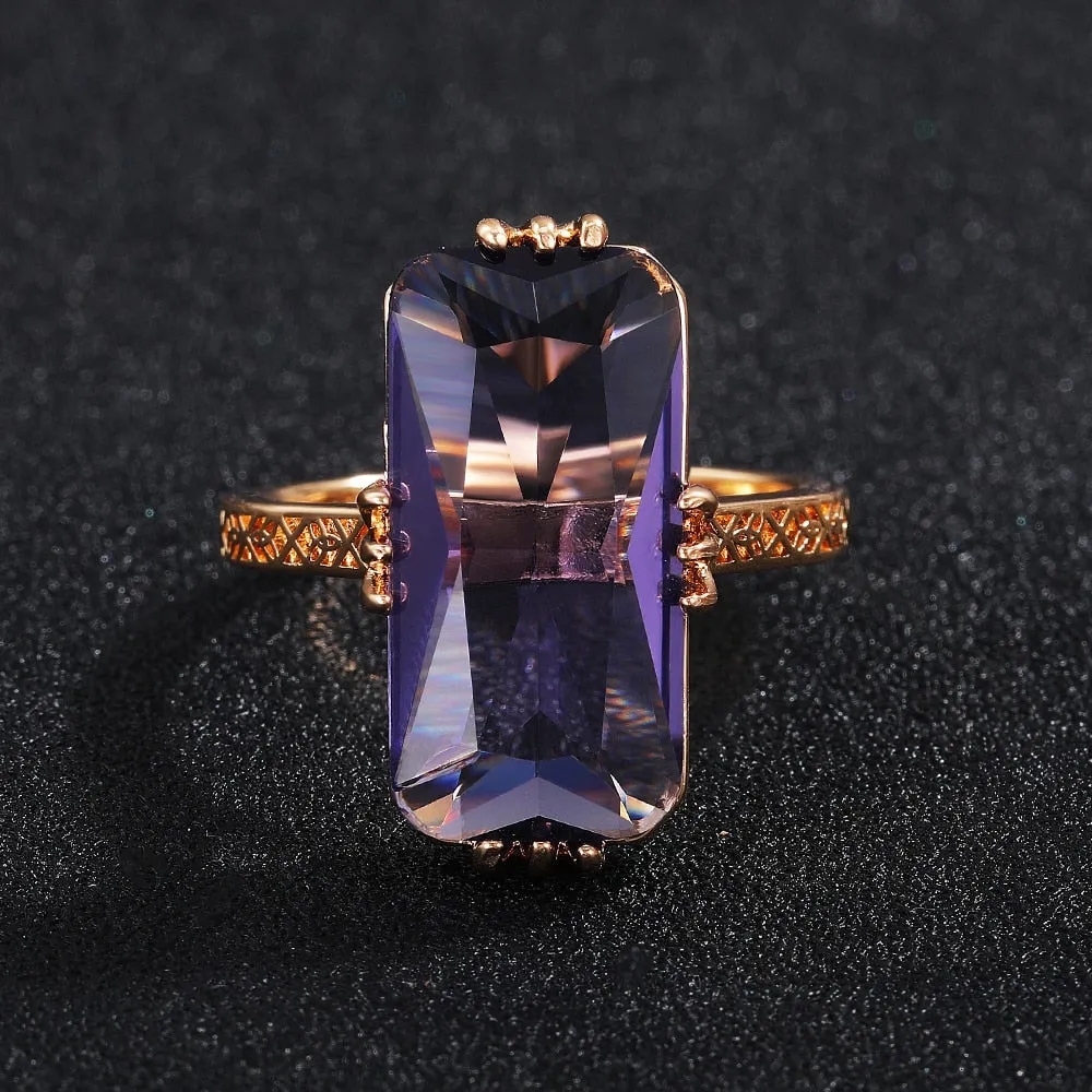 Fashion Jewelry Big Radiant Cut Purple Zircon Cocktail Rings for Women in Gold Color