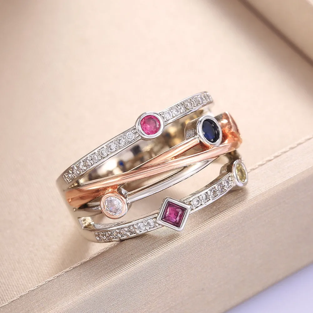 Fashion Jewelry Cross Geometric Colorful Zircon Puzzle Ring for Women in Silver Color