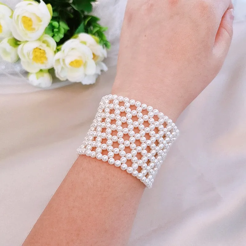 Fashion Jewelry Multilayer Knitting White Imitation Pearl Bracelet for Women