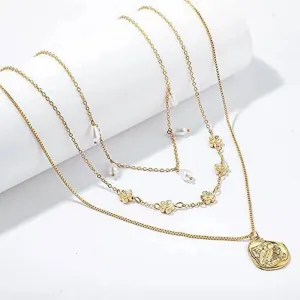 Fashion Multilayer 3 Tier Pendant Gold Plated Long Chain Necklace